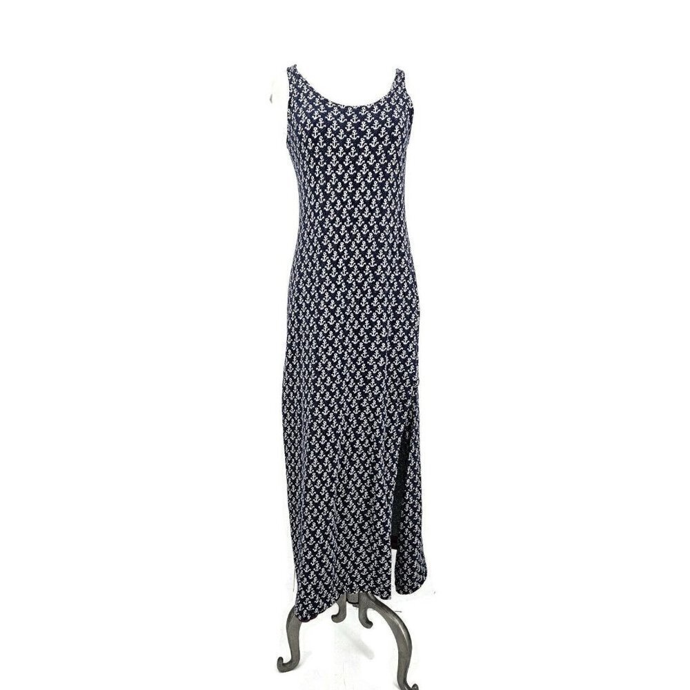 Vintage Fritzi of California Tank Maxi Dress Womens L? Navy Blue Anchors Slit